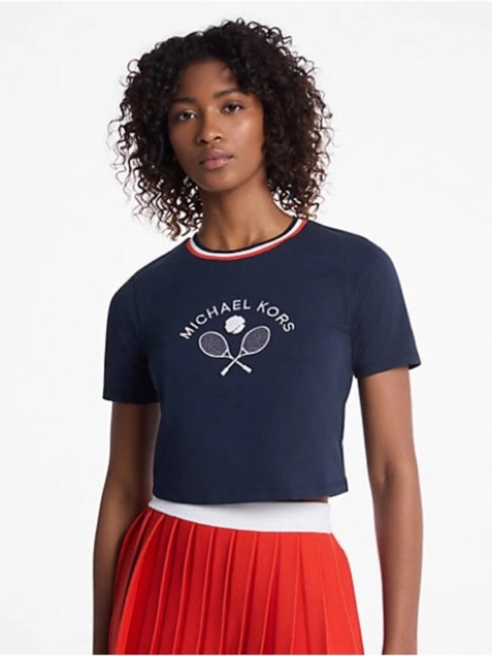 Michael Kors Navy Logo Cropped Tee with Red-Trim Crewneck Size L